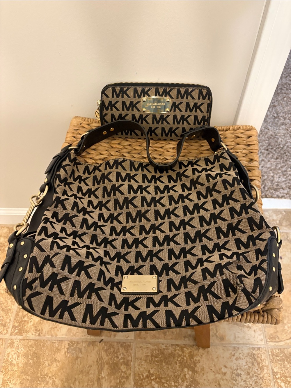 Michael Kors Black and Brown MK Signature Shoulder Bag with Matching Wallet